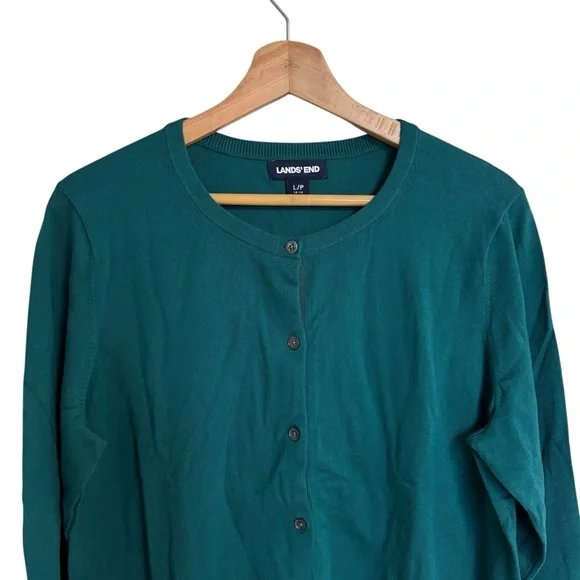 Lands’End dark green fine gauge cotton blend long sleeve button cardigan size LP - Picture 4 of 13